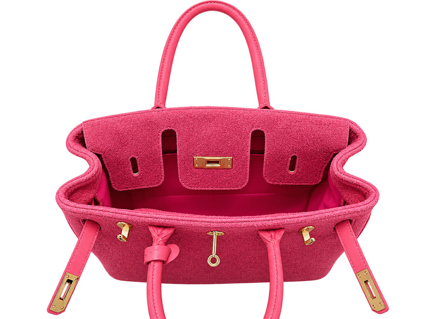 Luxury Pink Suede Tote Handbag with Gold-Tone Hardware