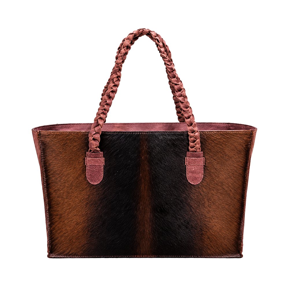 Brown & Black Leather Tote Bag with Braided Handles