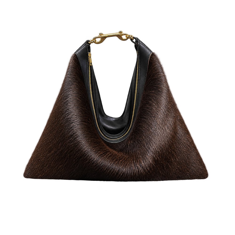 Elegant Dark Brown Fur Handbag with Gold-Tone Zipper
