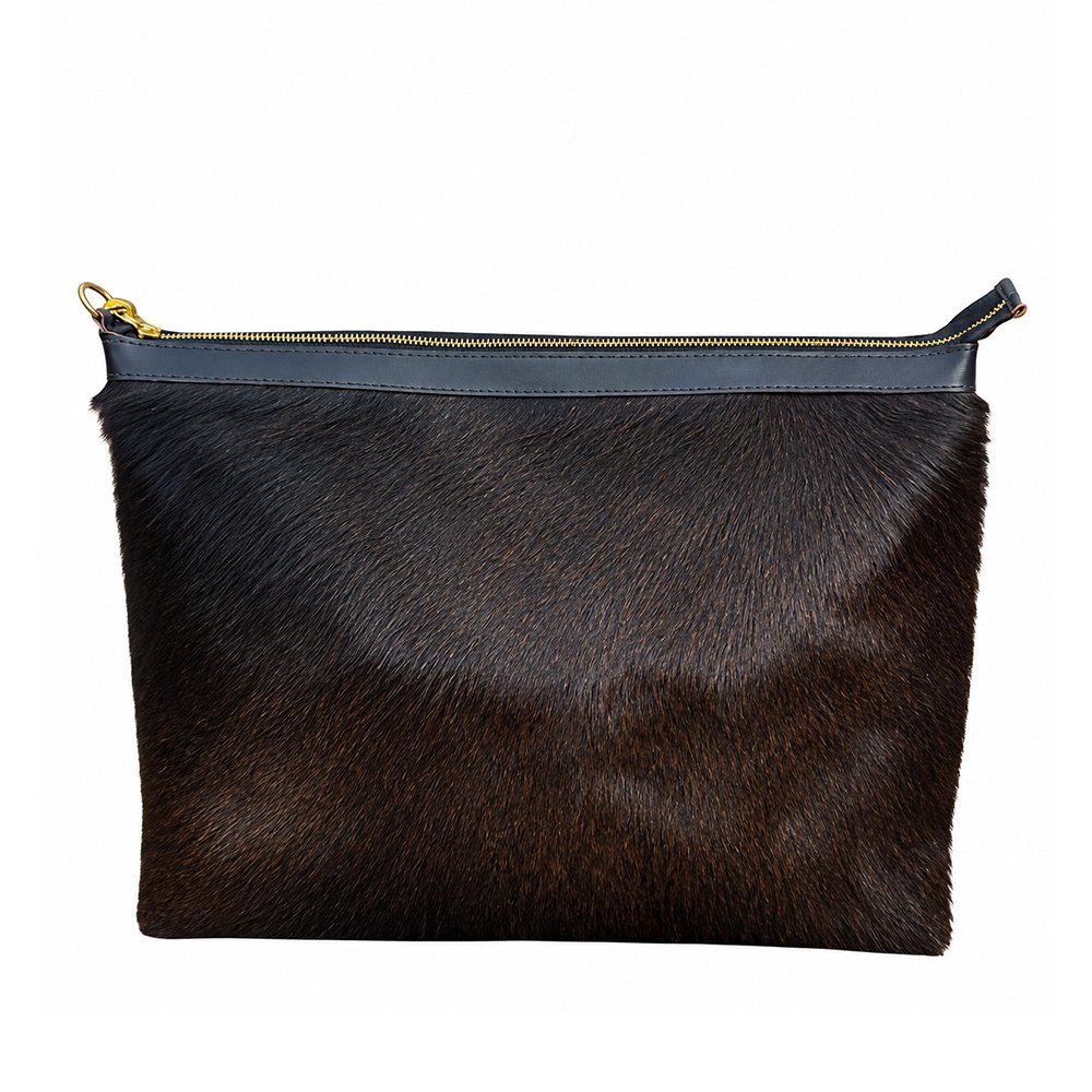 Elegant Dark Brown Fur Handbag with Gold-Tone Zipper