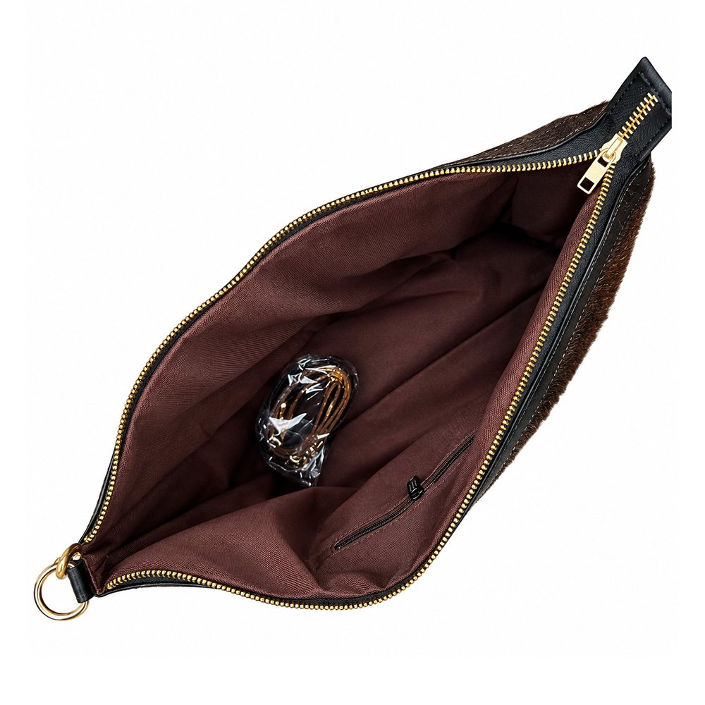 Elegant Dark Brown Fur Handbag with Gold-Tone Zipper