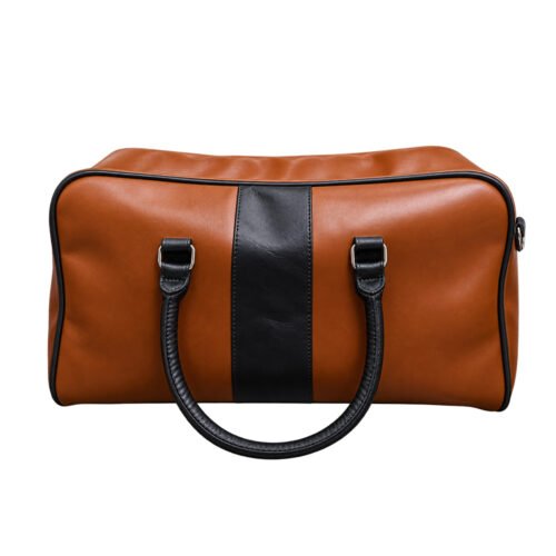 Brown and Black Leather-Look Travel Duffel Bag
