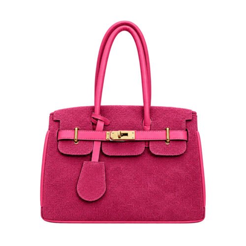 Luxury Pink Suede Tote Handbag with Gold-Tone Hardware
