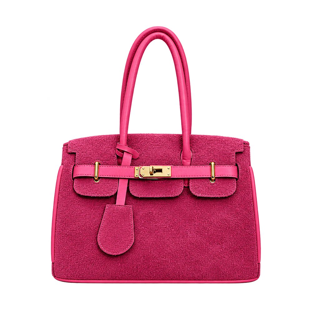 Luxury Pink Suede Tote Handbag with Gold-Tone Hardware