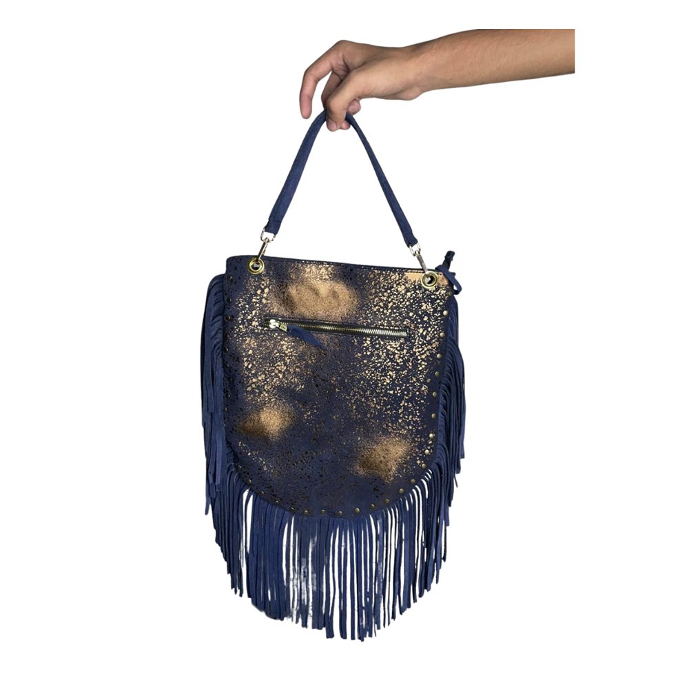 Navy Blue & Gold Fringe Leather Handbag