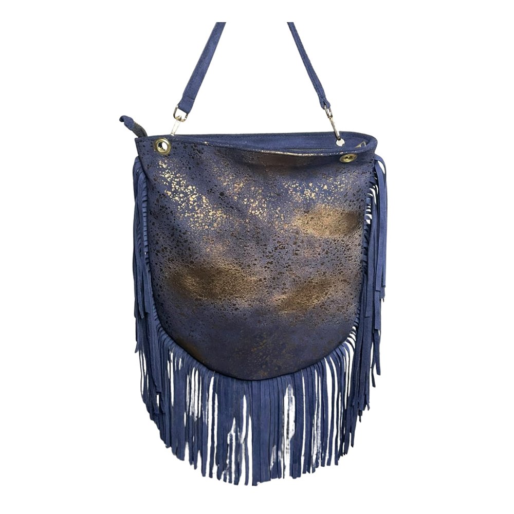 Navy Blue & Gold Fringe Leather Handbag - Image 2