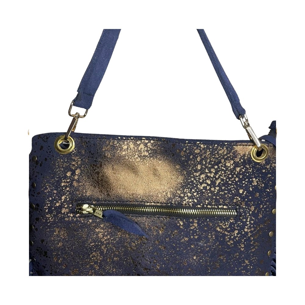 Navy Blue & Gold Fringe Leather Handbag - Image 3