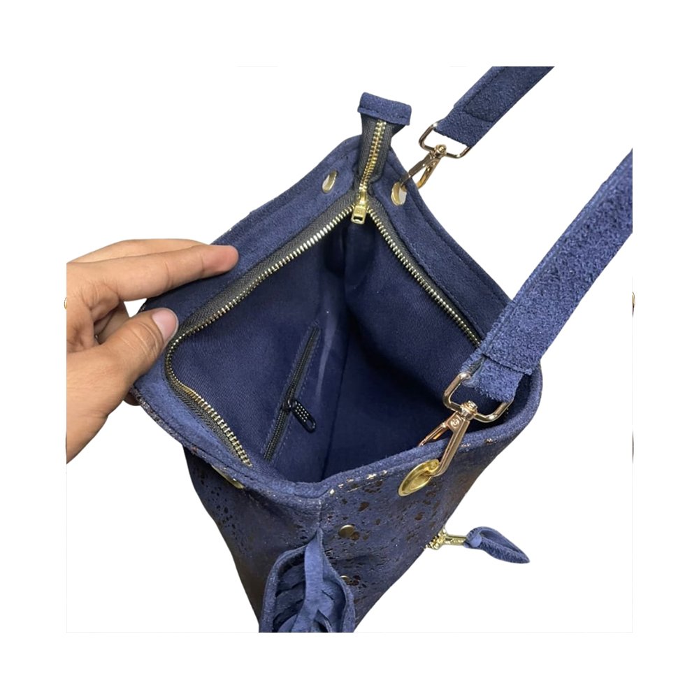 Navy Blue & Gold Fringe Leather Handbag - Image 4