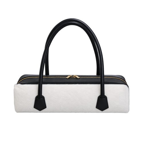 White Faux Fur Handbag with Black Leather-Look Handles