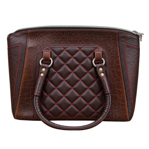 Dark brown textured leather tote bag with quilted front panel