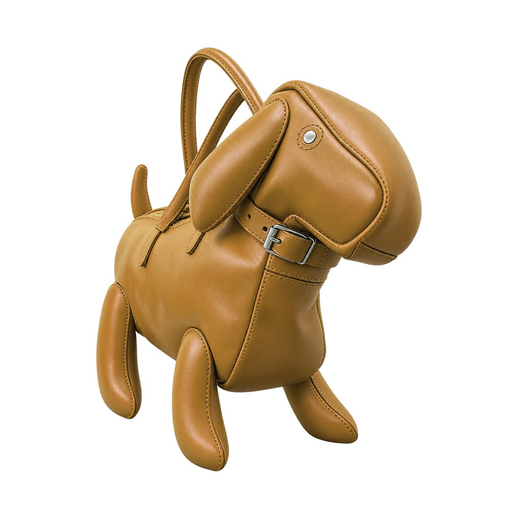 Premium brown leather dog-shaped handbag with silver buckle and curved handles-01