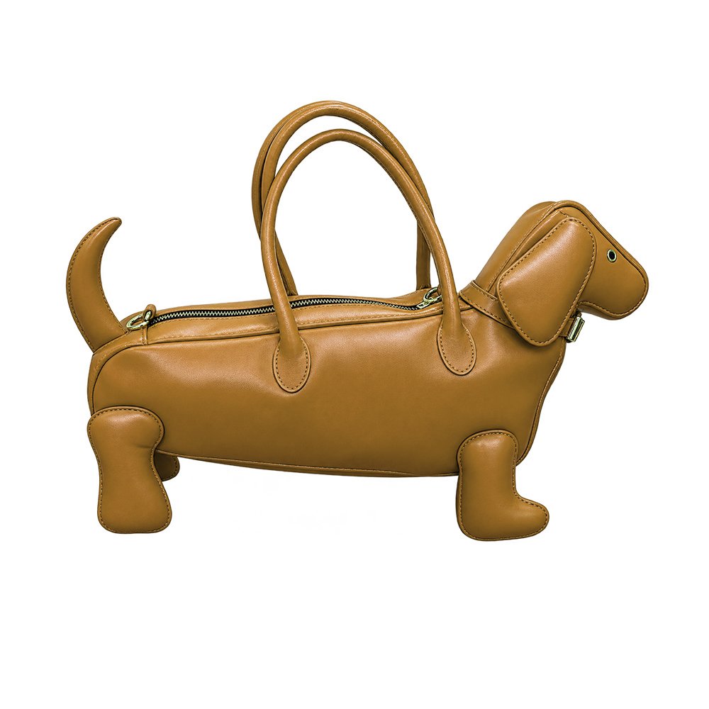 Premium brown leather dog-shaped handbag with silver buckle and curved handles-02