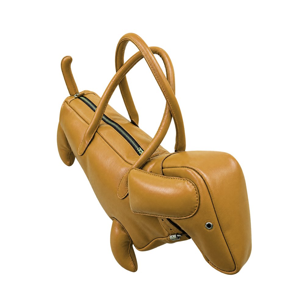 Premium brown leather dog-shaped handbag with silver buckle and curved handles-03