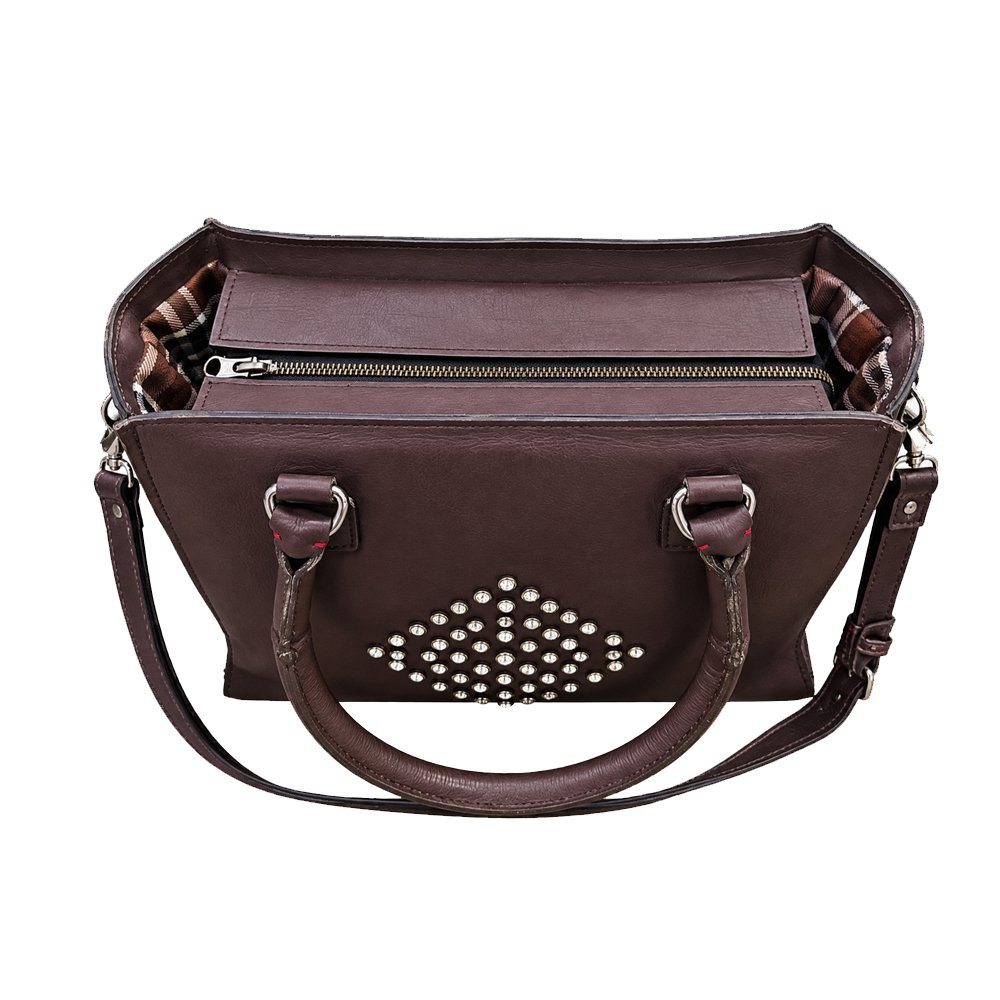 Dark Brown Leather Tote Bag with Silver Studs