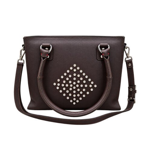 Dark Brown Leather Tote Bag with Silver Studs