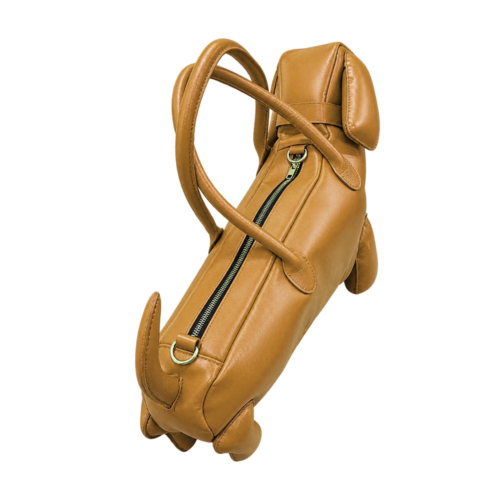 Premium brown leather dog-shaped handbag with silver buckle and curved handles-04