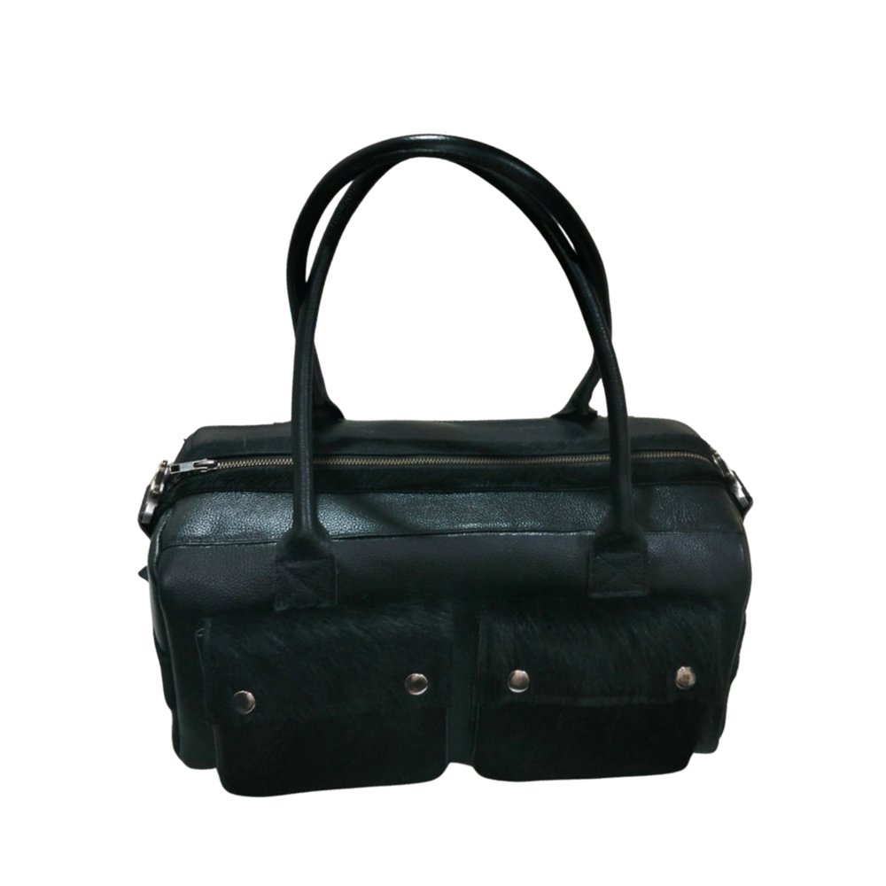 Premium Black Leather Hair-On Duffle Handbag