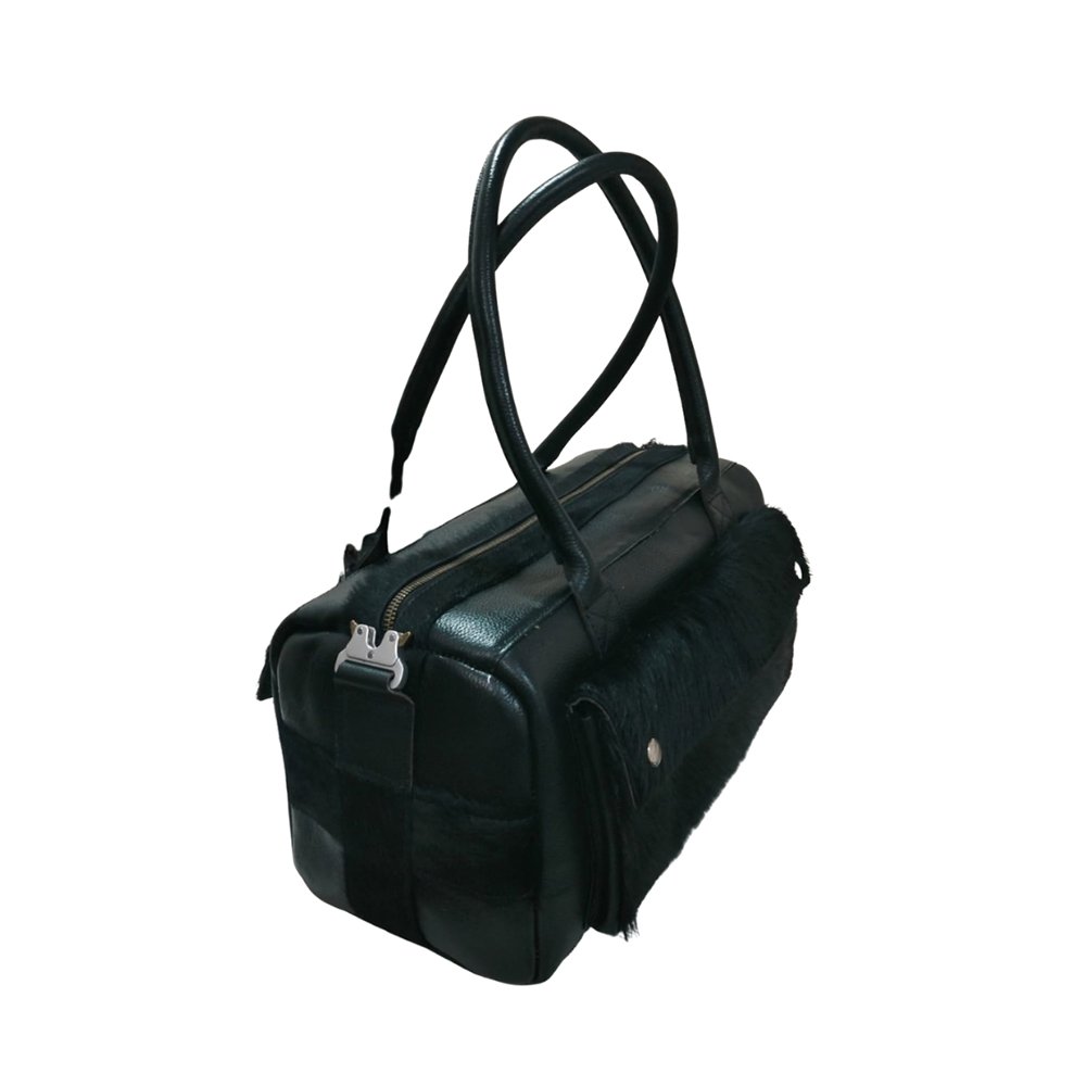 Premium Black Leather Hair-On Duffle Handbag