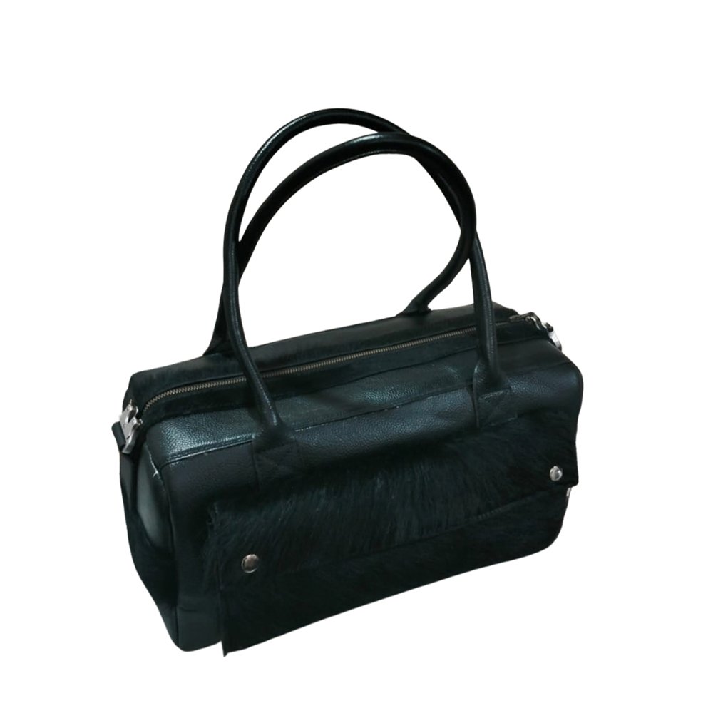 Premium Black Leather Hair-On Duffle Handbag