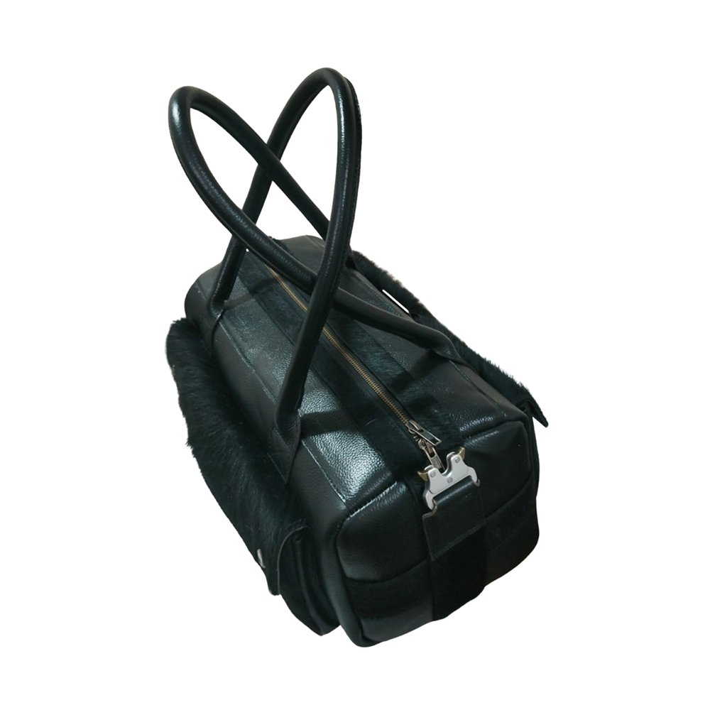Premium Black Leather Hair-On Duffle Handbag